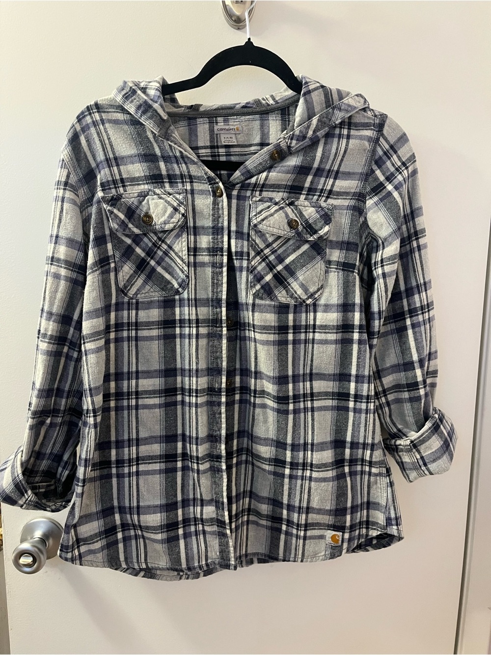 Carhartt Women’s Gray & Navy Plaid Hooded Flannel Jacket EUC/PTP 21/L 26